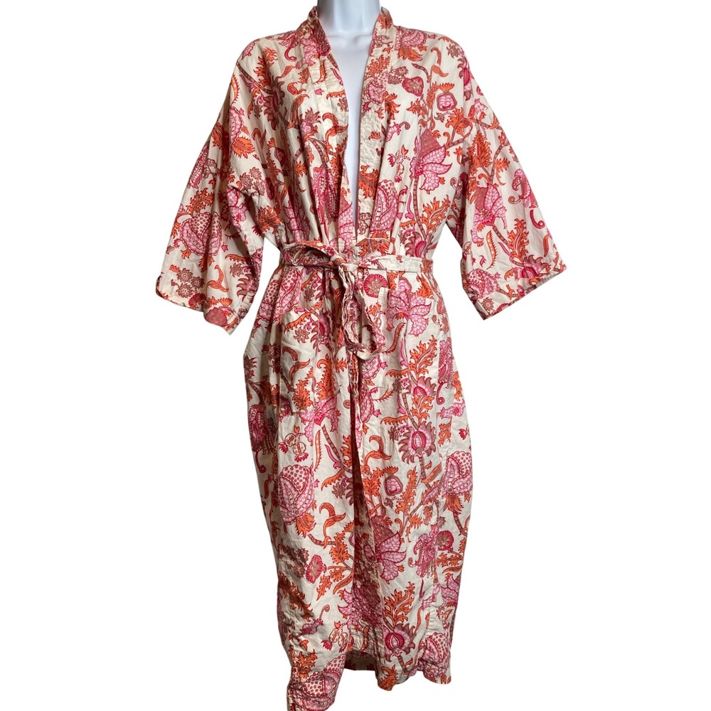 Roberta Roller Rabbit Cream Kimono Robe with Pink and Orange Floral Paisley